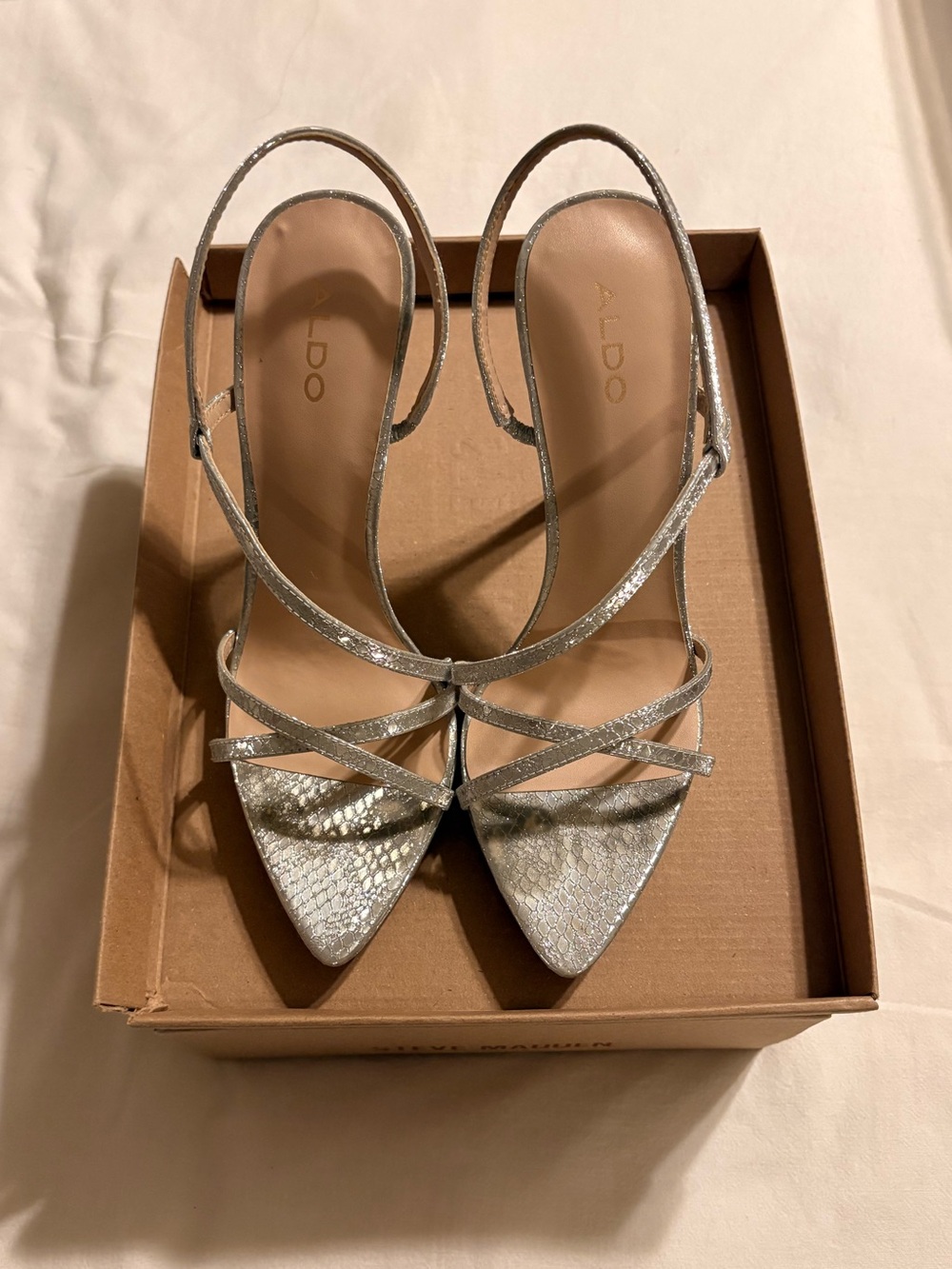 ALDO Silver Metallic Strappy Pointed-Toe Slingback Heels